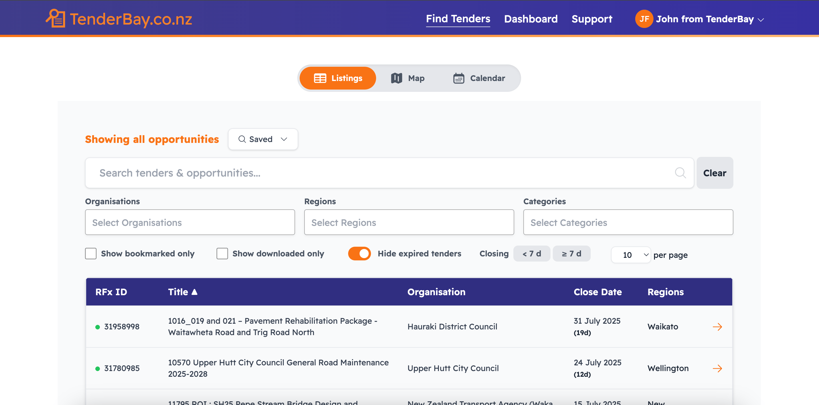 Preview of TenderBay dashboard